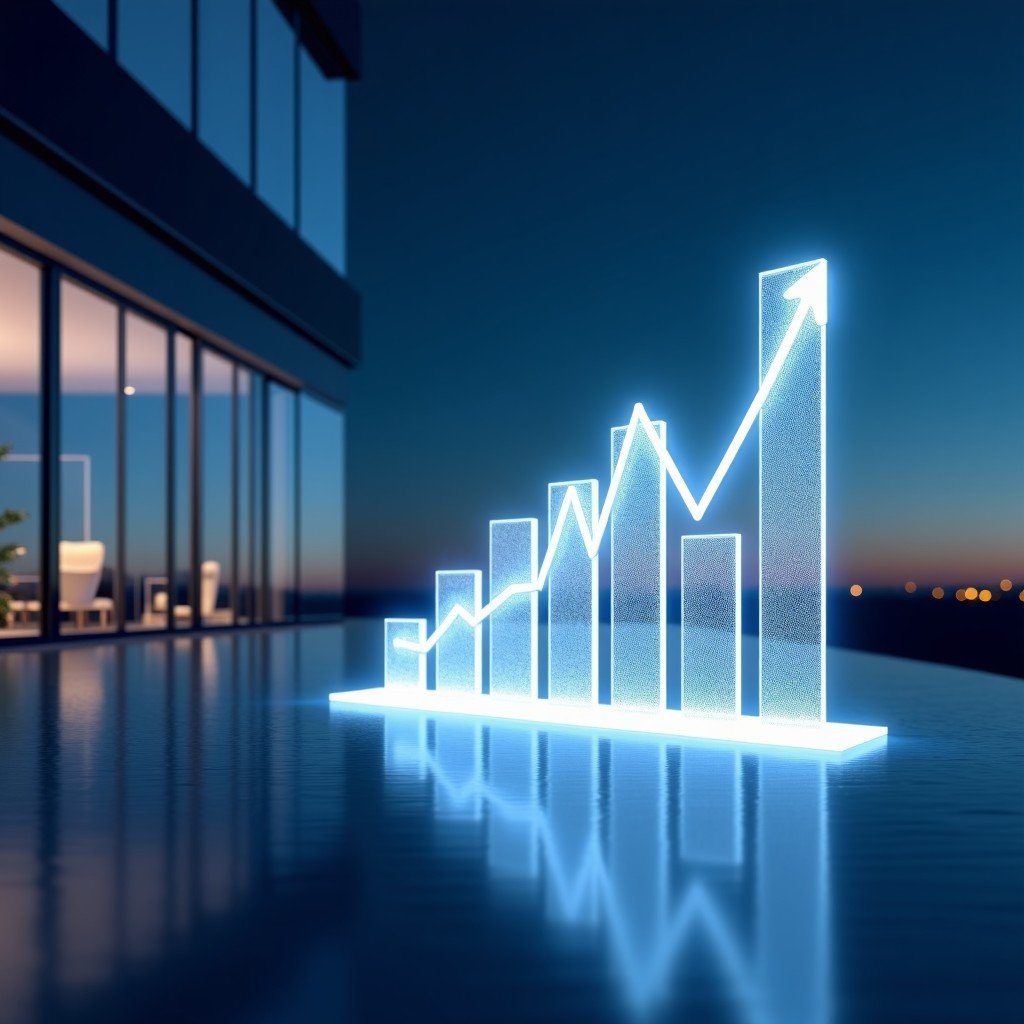 A wide shot of a modern glass office at night with a digital hologram of a 3D bar graph showing volatility, clean and professional aesthetic, 4:3