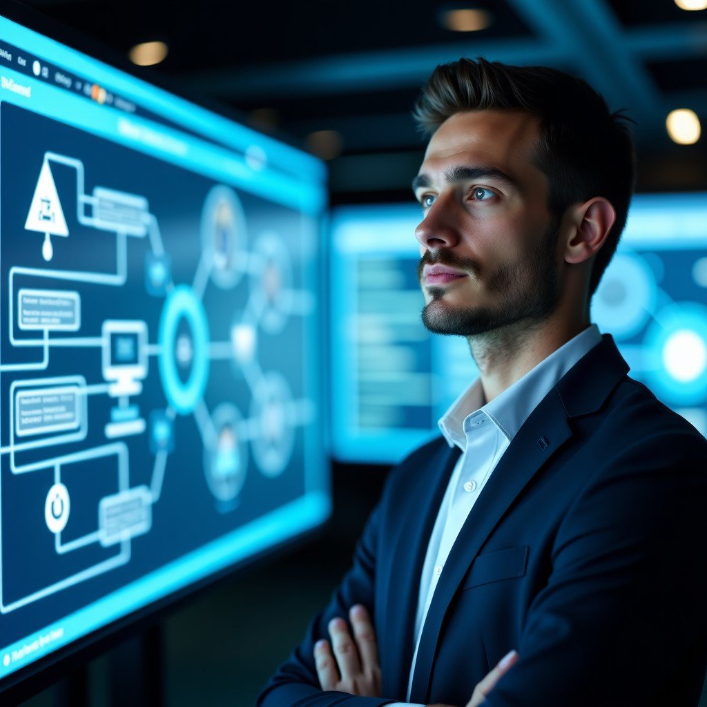 A confident professional in a modern tech center looking at a large digital screen with complex network architectures, soft focus background, natural skin tones, 4:3