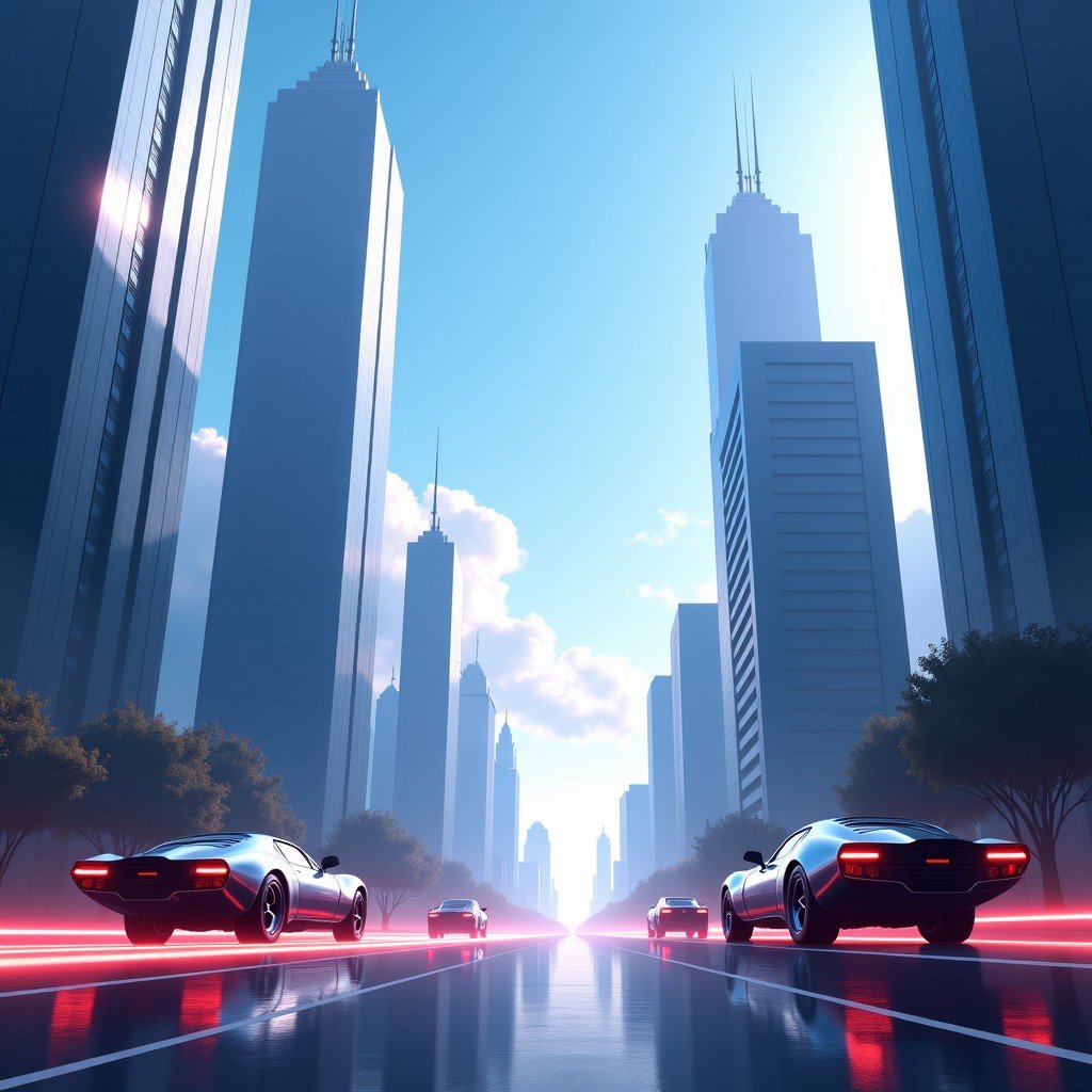 A futuristic cityscape with soaring transparent buildings and advanced anti gravity vehicles flying through light trails in the sky. 4:3