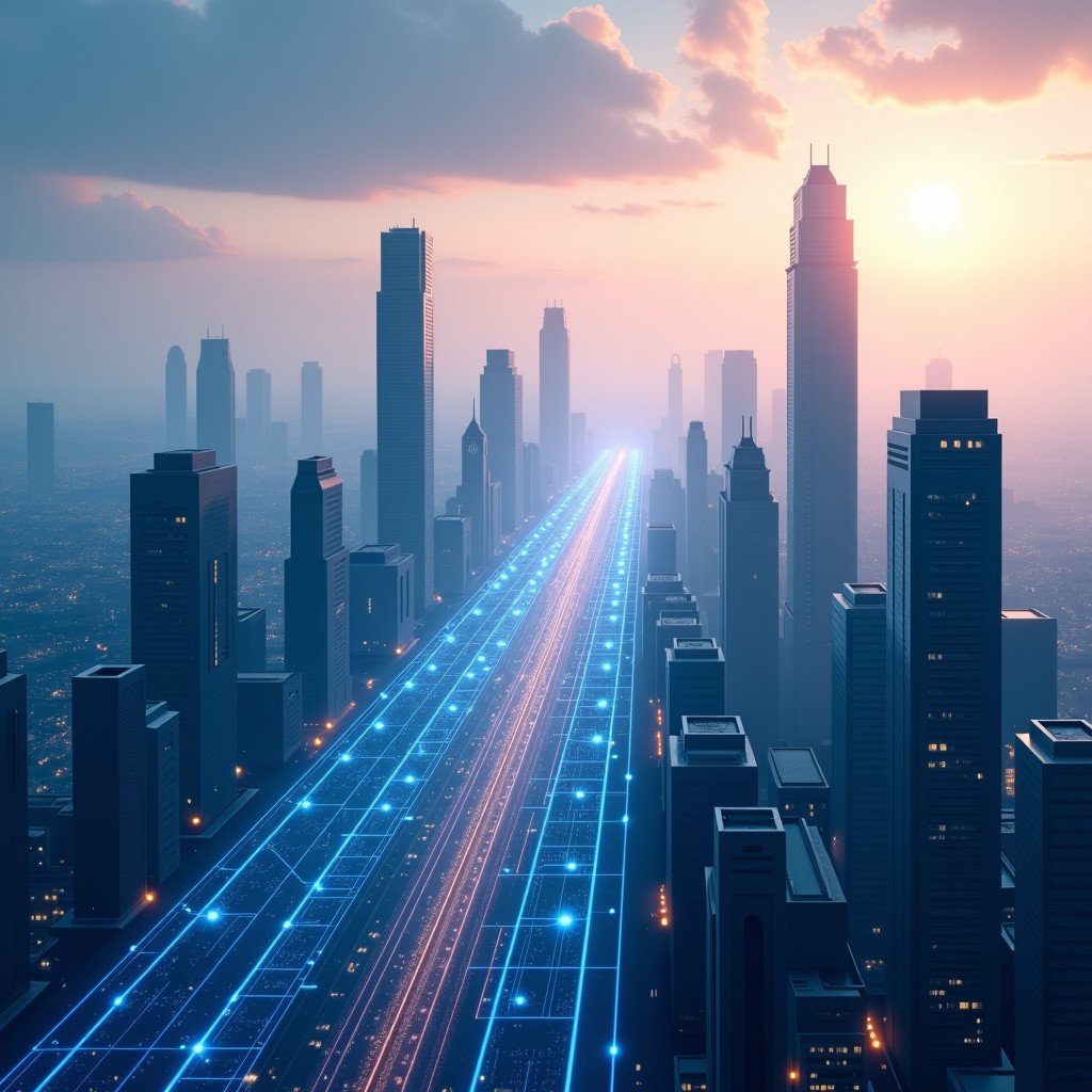 Futuristic city landscape with digital grid lines connecting buildings, soft evening light, conceptual representation of AI infrastructure, wide composition, 4:3