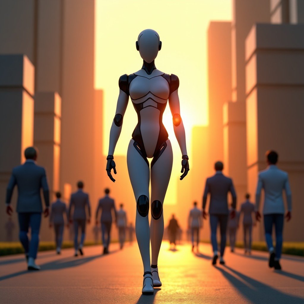 An artistic rendering of a sleek humanoid robot walking in a futuristic urban park alongside people, warm sunset lighting, textured background, detailed composition, 4:3