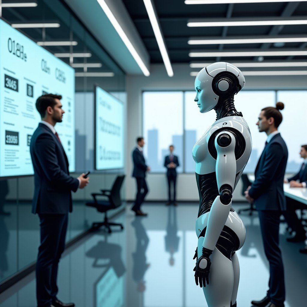 A futuristic office setting where sleek humanoid AI robots are working alongside a few human employees. The environment is modern with glass walls and digital displays showing data. The lighting is bright and professional. The robots have a sophisticated metallic finish. 4:3