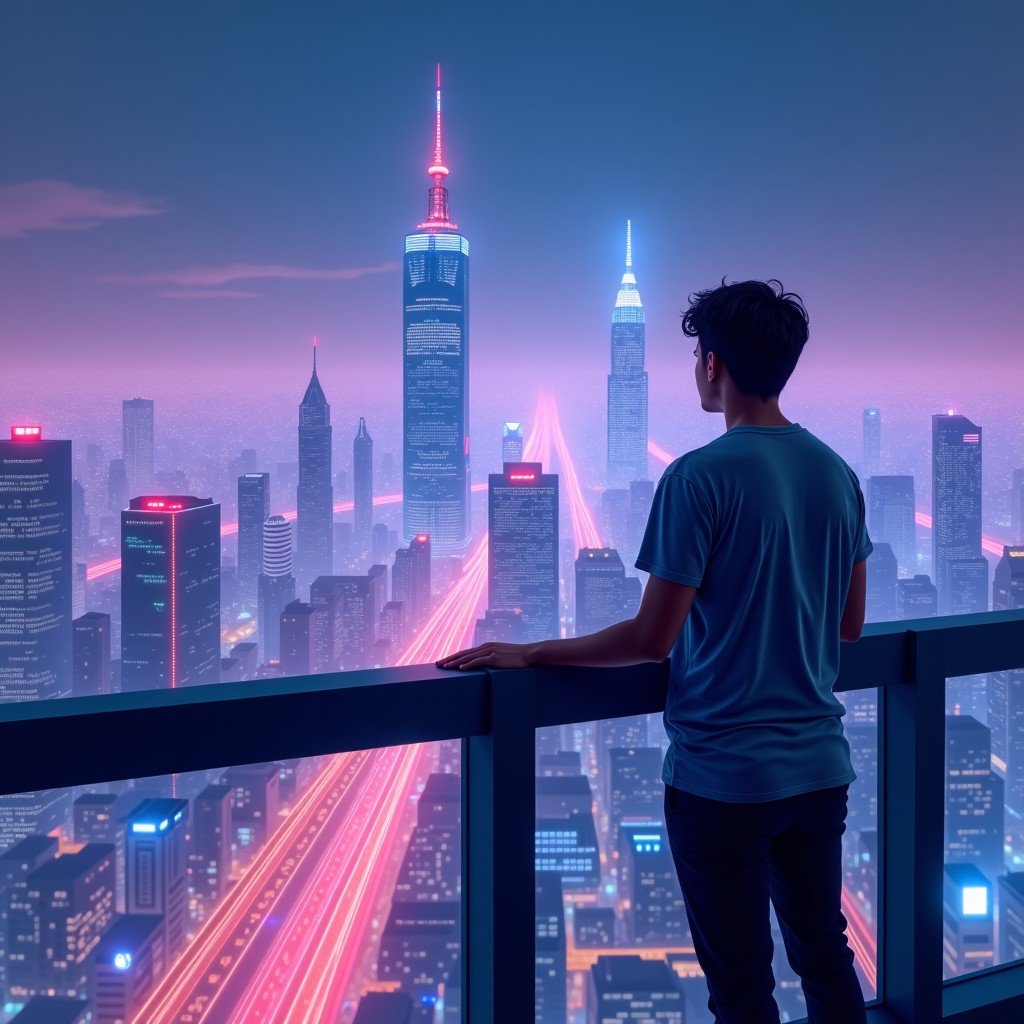 A person looking out at a futuristic digital city skyline from a high balcony, neon lights, high tech theme, sense of vision and future, 4:3