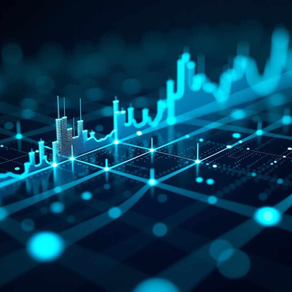 A high-tech digital interface showing complex data analytics and artificial intelligence neural networks in a modern dark blue and cyan color palette, glowing lines and abstract data points, 4:3