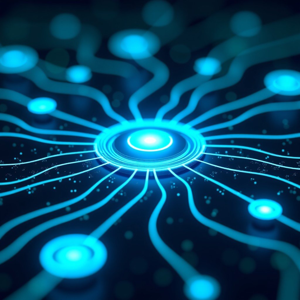 A futuristic digital infrastructure showing interconnected nodes and glowing fiber optic cables in a high-tech environment. The lighting is cyan and deep blue, giving a modern AI era feel. 4:3