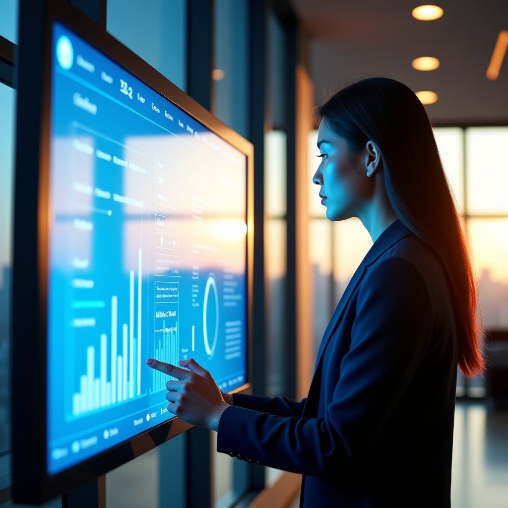 A professional office setting in a modern building where a person of Korean appearance is working alongside a futuristic digital screen displaying data visualizations. Warm and natural lighting. 4:3