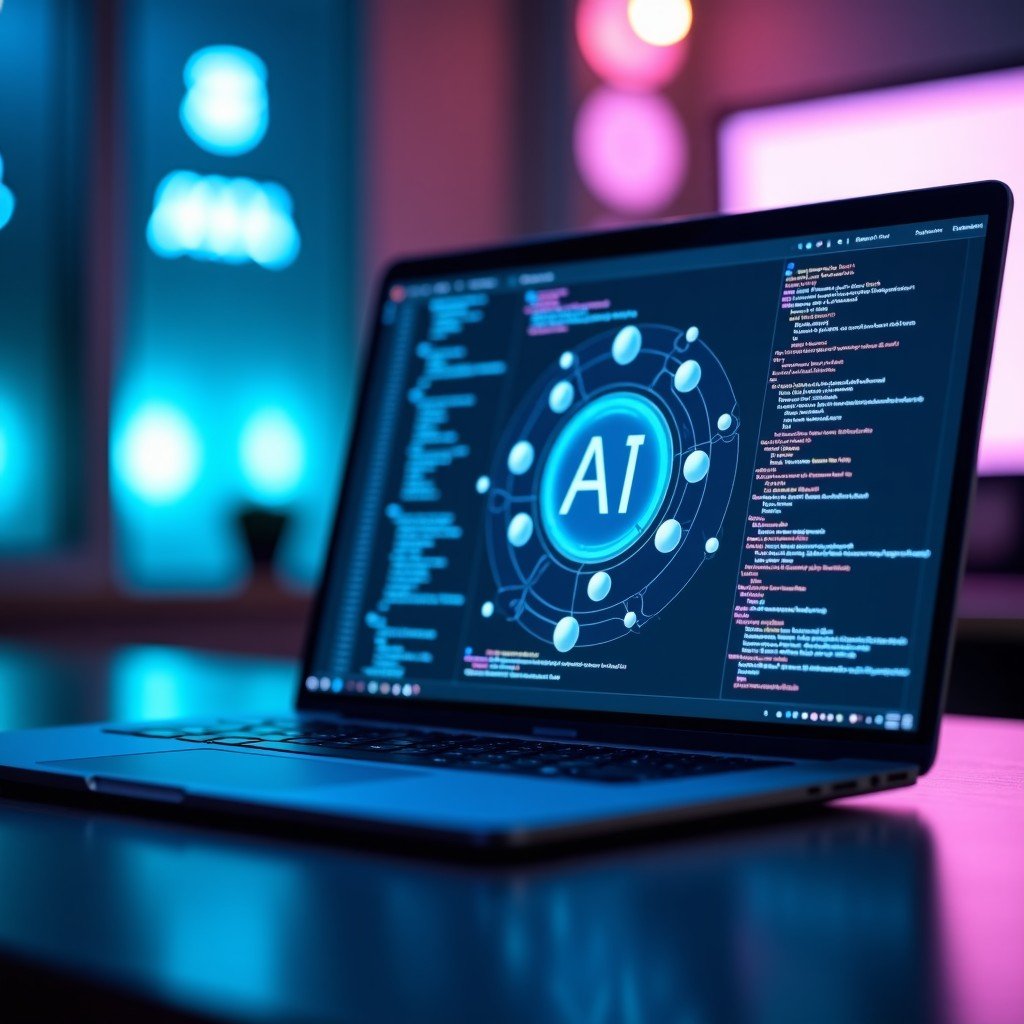 A high-tech laptop screen showing a sophisticated coding interface with floating translucent AI elements and lines of code. The background is a blurred modern workspace with soft blue and purple neon lighting. 4:3