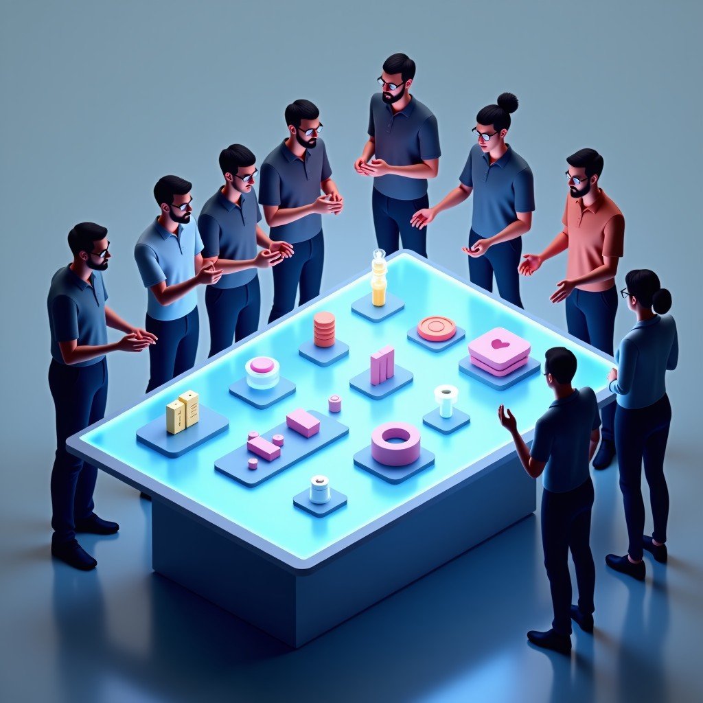 A diverse team of professional designers and developers standing around a large holographic touch table showing 3D interface components. The lighting is bright and balanced. Professional and focused atmosphere. 4:3