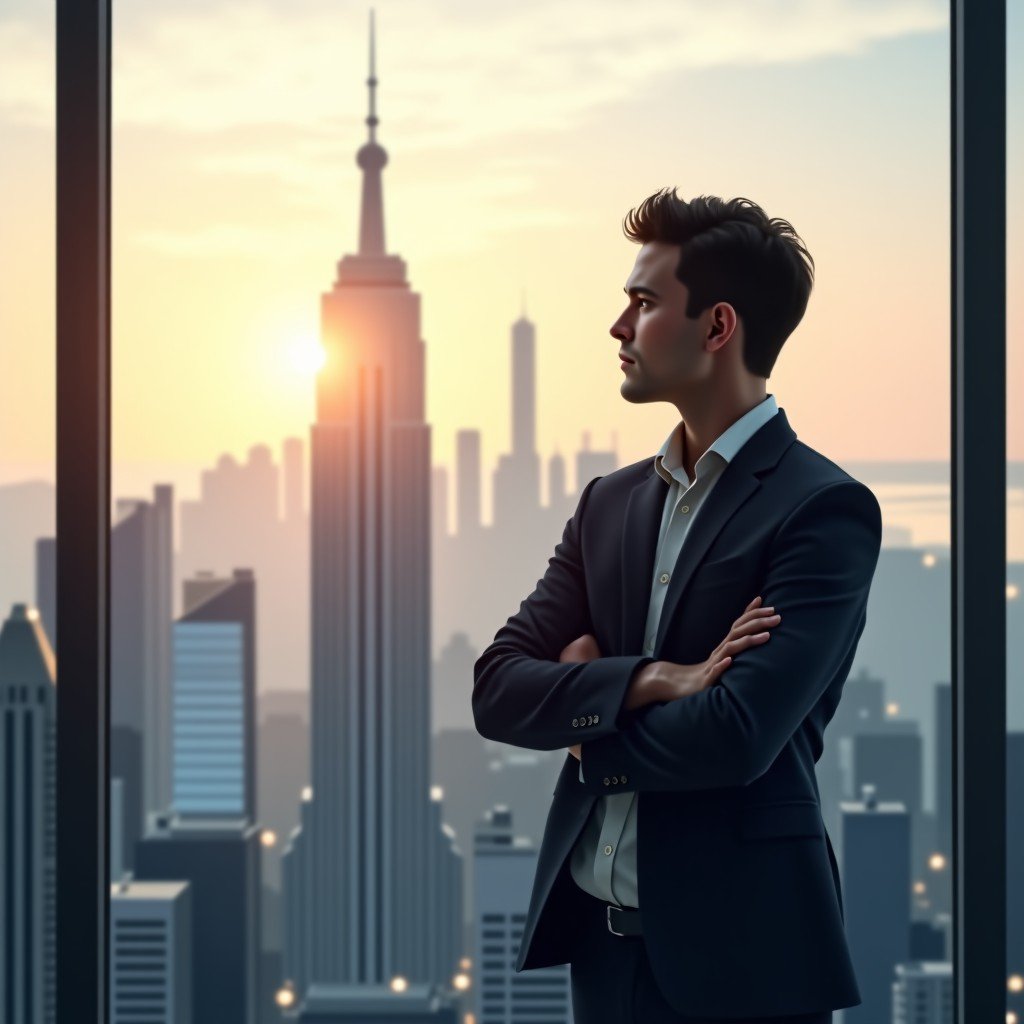A young adult standing in front of a window with a futuristic city view, looking forward with confidence, soft morning light, professional and hopeful atmosphere, 4:3