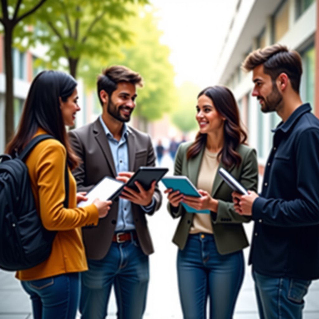 A group of diverse young university students in a modern campus setting, discussing their career paths with digital tablets and books, bright and optimistic atmosphere, 4:3