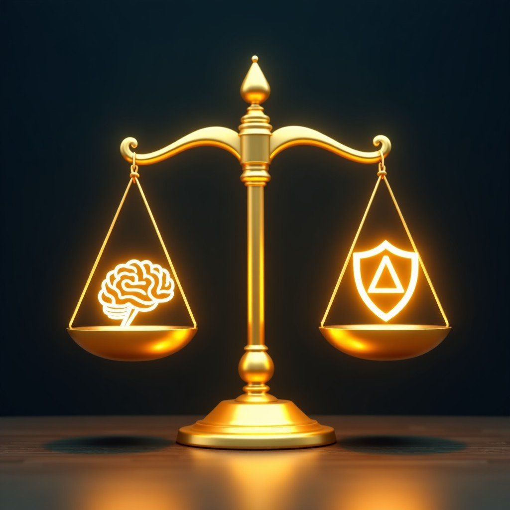 Conceptual art representing the balance between a digital shield and human ethics. Golden scales with a brain icon and a shield icon, futuristic aesthetic, 4:3