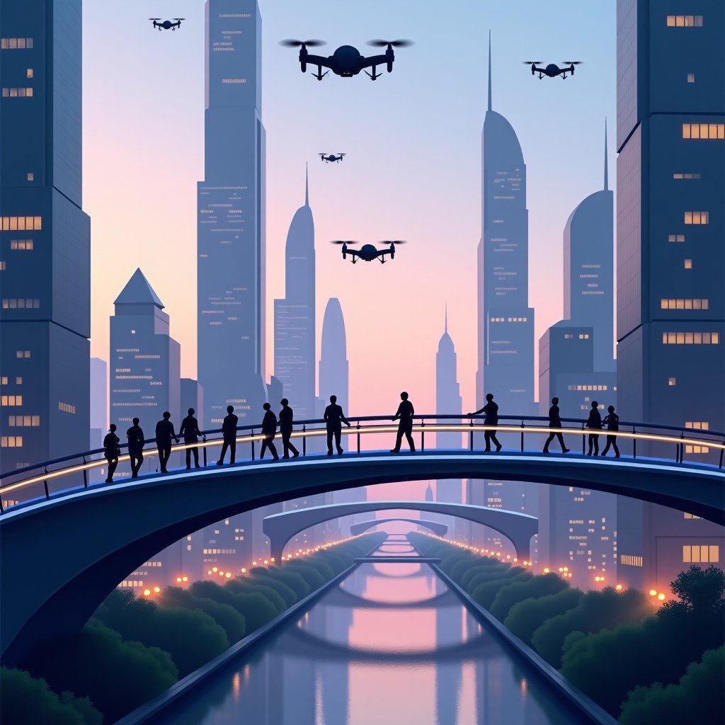 A futuristic cityscape at dusk with sleek skyscrapers and flying drones. People are walking on a high-tech pedestrian bridge with integrated LED lighting. The overall mood is calm yet busy. Realistic style, 4:3.