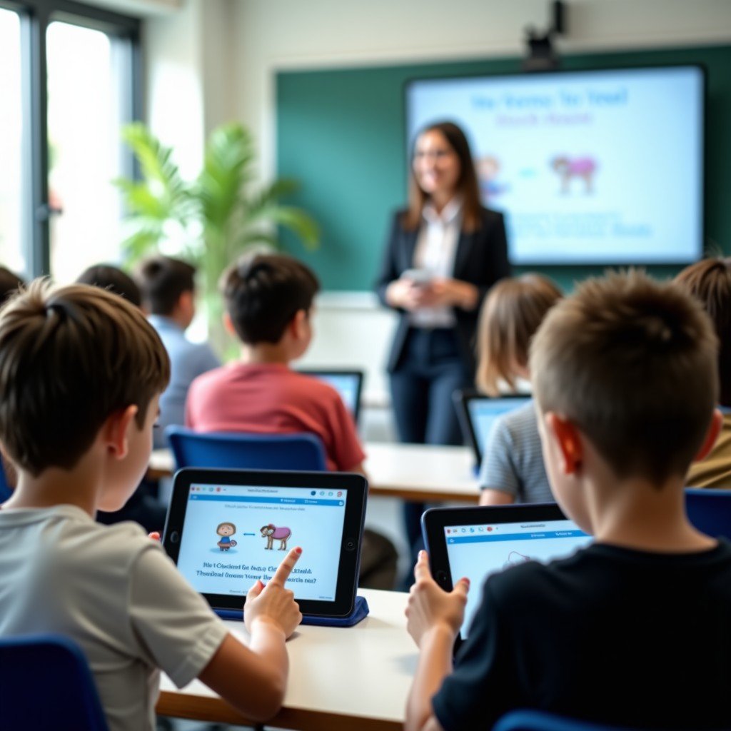 A clean and modern classroom setting where students are interacting with tablets that show educational content. A teacher is visible in the background. The atmosphere is bright and balanced with high contrast 4:3