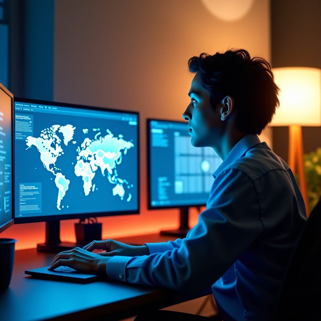 A modern professional working in a home office with multiple holographic screens showing AI data analysis, warm natural lighting, 4:3