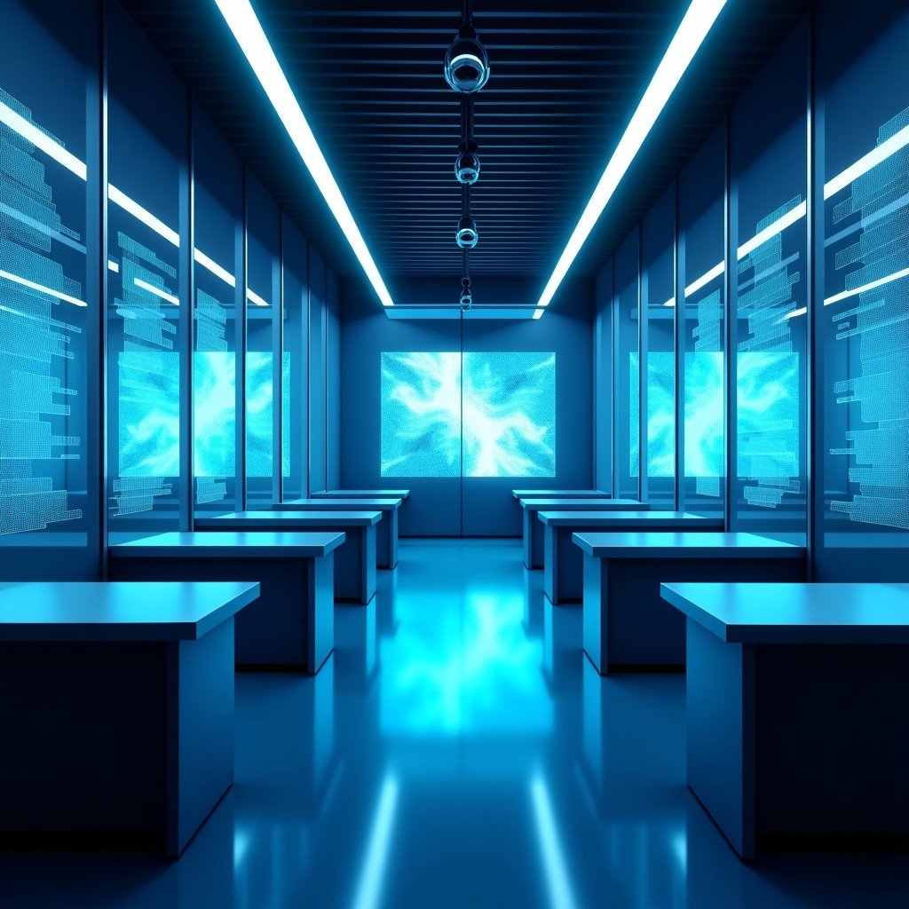 A high-tech AI research laboratory office with glass walls, soft blue ambient lighting, a futuristic atmosphere, digital screens showing neural network patterns, professional setting, cinematic lighting, 4:3