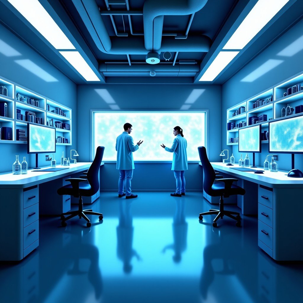 A futuristic high-tech biotechnology research laboratory with sleek interior design, advanced scientific equipment, researchers in modern lab suits working on holographic displays, bright blue and white ambient lighting, clean and professional atmosphere. 4:3
