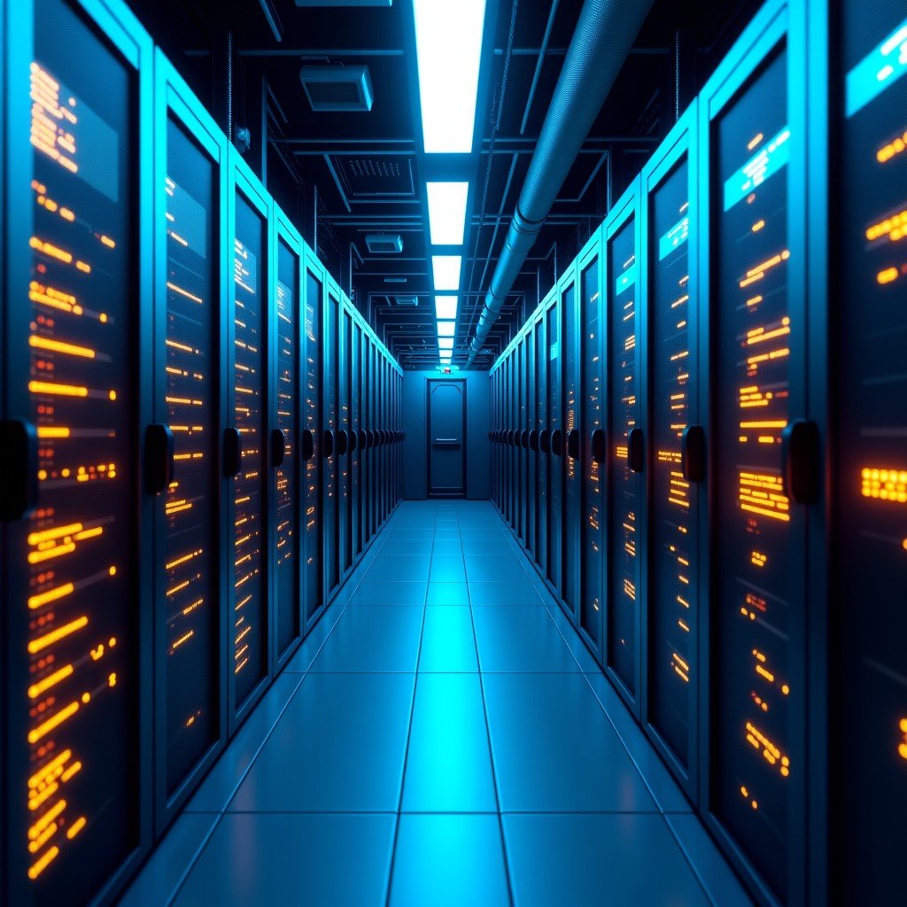 Inside a glowing blue and gold AI server room with fiber optic cables and high-performance computing units, detailed tech textures, futuristic laboratory vibe, 4:3