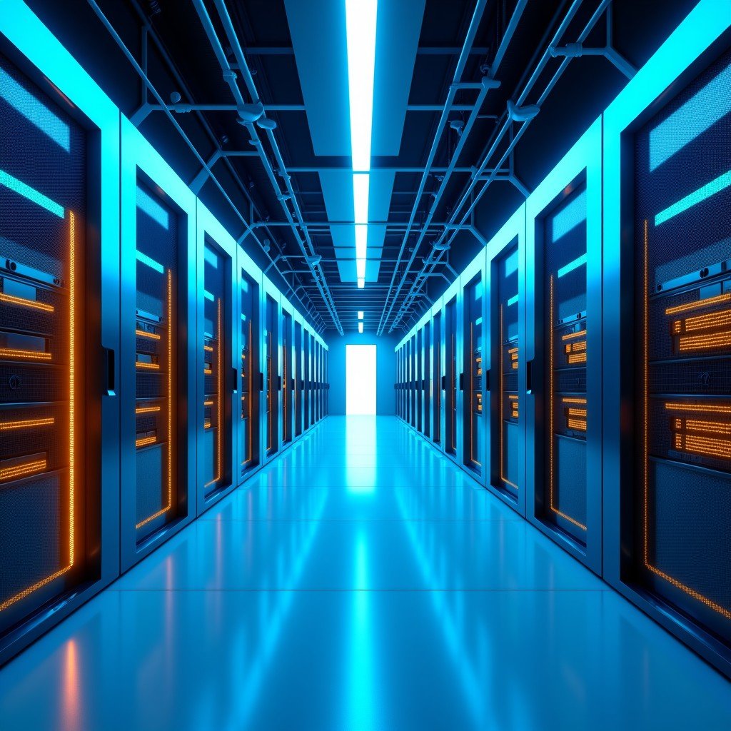 A futuristic large-scale data center with glowing blue and gold fiber optic cables, massive server racks, and a clean modern architectural design, high-tech atmosphere, wide angle, 4:3
