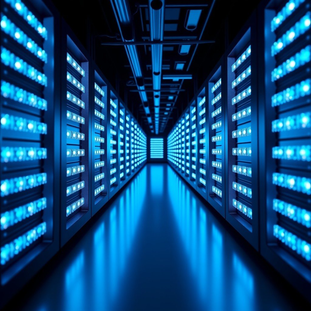 Inside a futuristic data center with rows of server racks glowing with blue LED lights representing high performance computing and AI infrastructure. 4:3