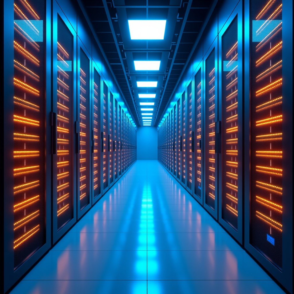 A futuristic large scale data center with glowing blue and gold fiber optic cables connecting massive server racks. The atmosphere is high tech and clean, representing advanced AI infrastructure. 4:3