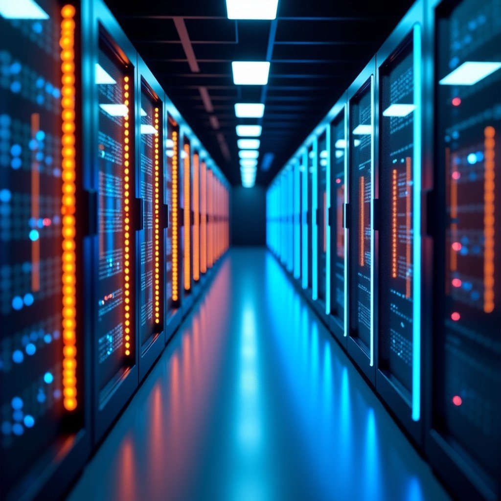 A futuristic and high-tech data center interior with glowing blue and orange light trails representing data flow. The composition shows rows of server racks with a modern and clean aesthetic. High contrast, cinematic lighting, 4:3.