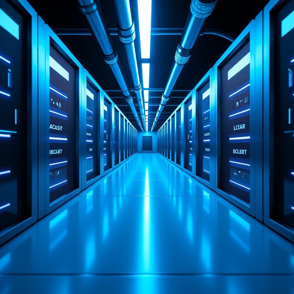 Futuristic and clean data center interior with advanced cooling pipes, neon blue lighting, high-tech atmosphere, realistic texture, 4:3