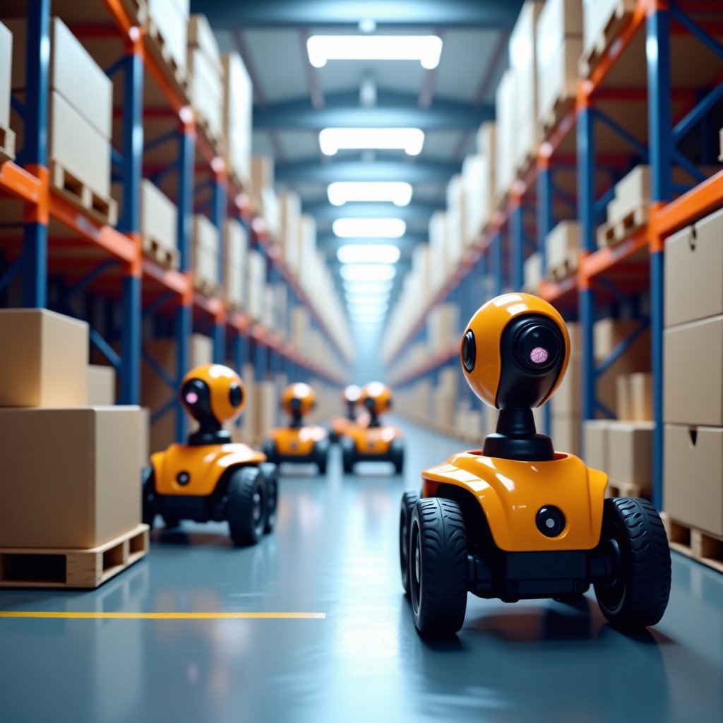 A futuristic logistics warehouse where various autonomous mobile robots are moving boxes. The scene is busy but organized, representing the future of industrial automation. High resolution 4:3