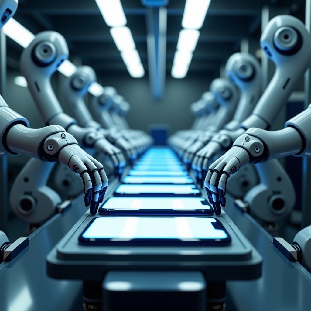 Futuristic smartphone assembly line with robotic arms, advanced technology, high contrast, clean industrial setting, 4:3
