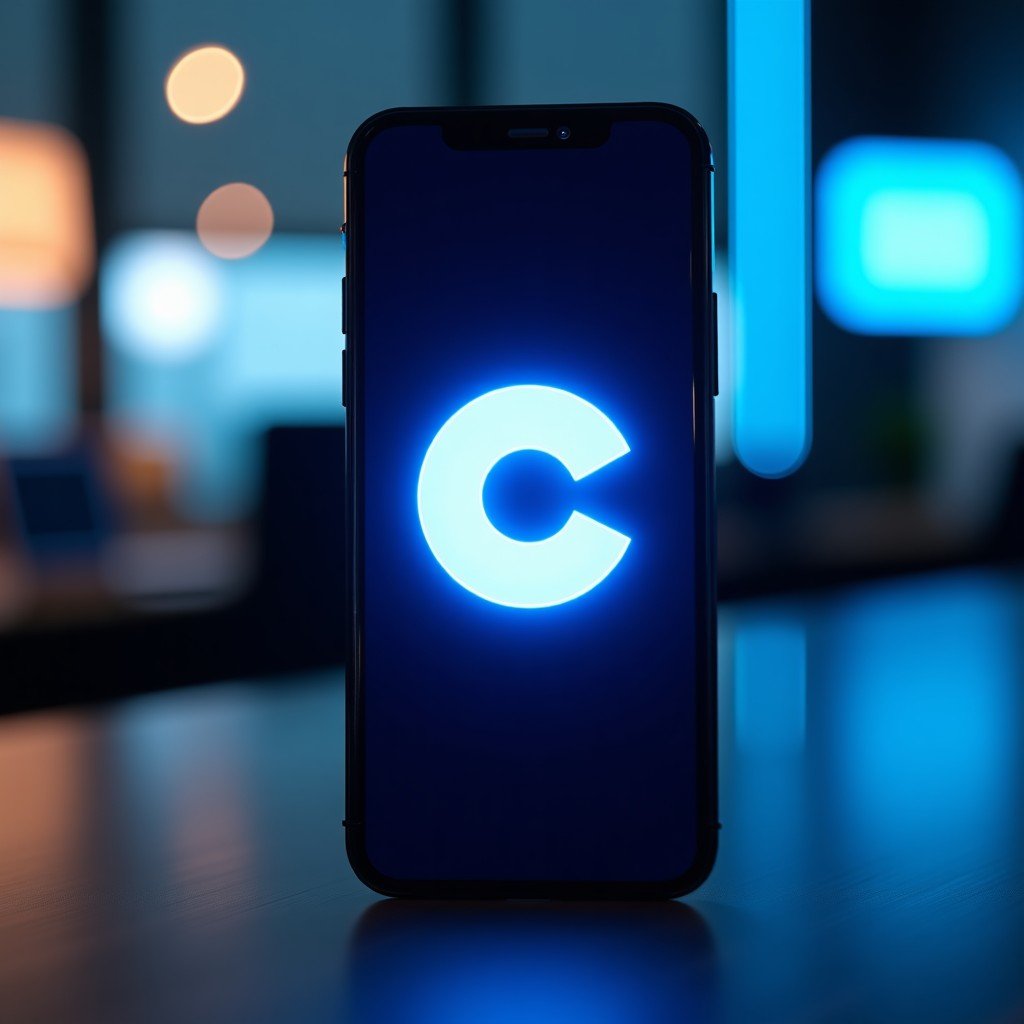 A high-tech smartphone screen displaying a conceptual OpenClaw logo, glowing with neon blue and white light, futuristic interface design, blurred office background, 4:3