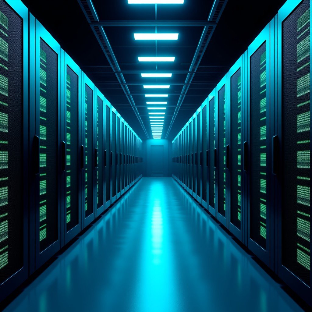 A wide shot of a futuristic data center at night with glowing blue and green lights reflecting on server racks arranged in a vast hall, cinematic lighting, high contrast, professional photography, 4:3