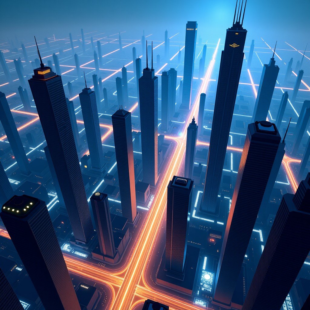 A bird's eye view of a futuristic smart city with glowing fiber optic cables connecting skyscrapers, high tech metropolis at night, vibrant blue and gold colors, detailed city architecture, 4:3