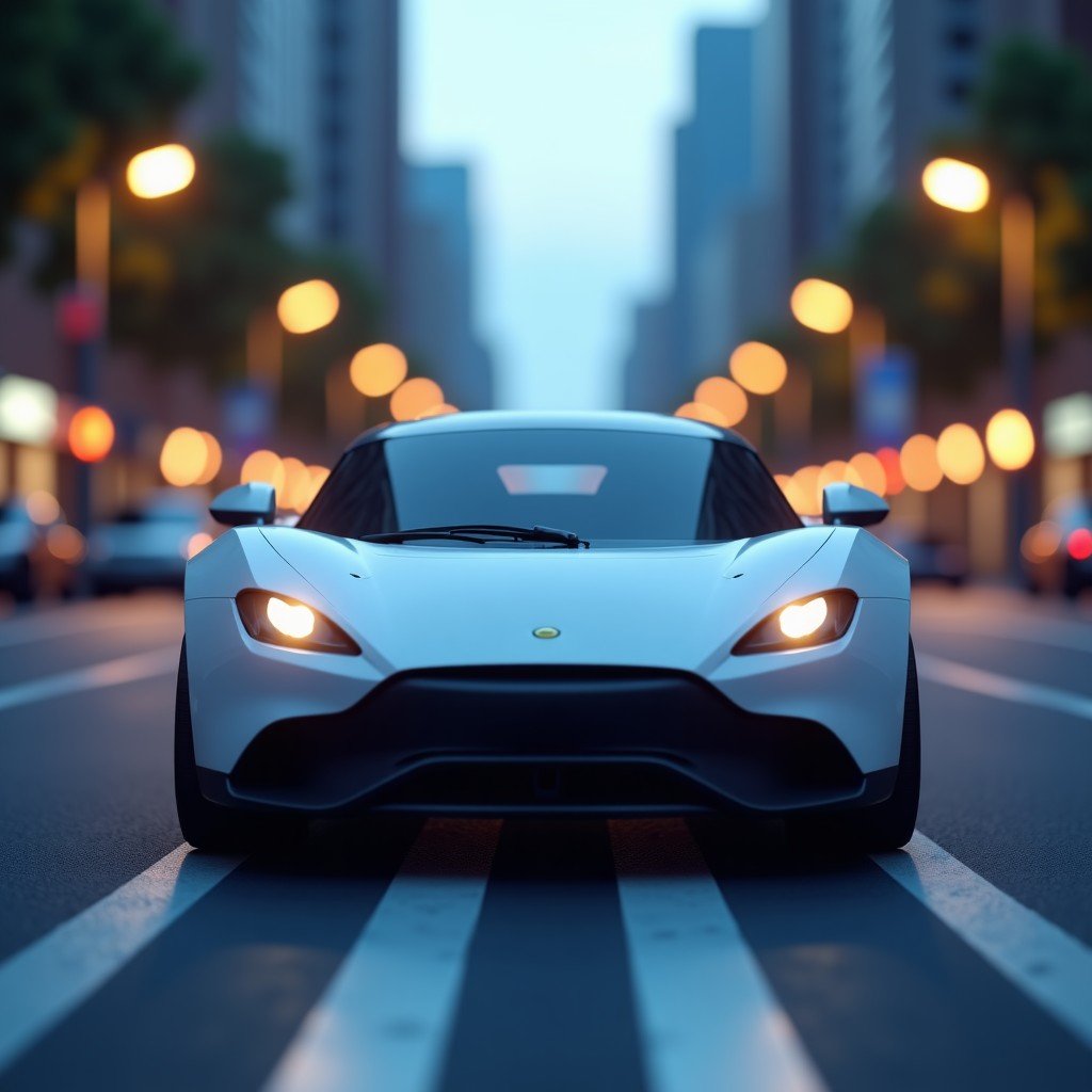 A realistic outdoor scene of a sleek autonomous robotaxi driving on a modern city street at dusk. Soft ambient city lights and glowing sensors on the vehicle. No text. 4:3