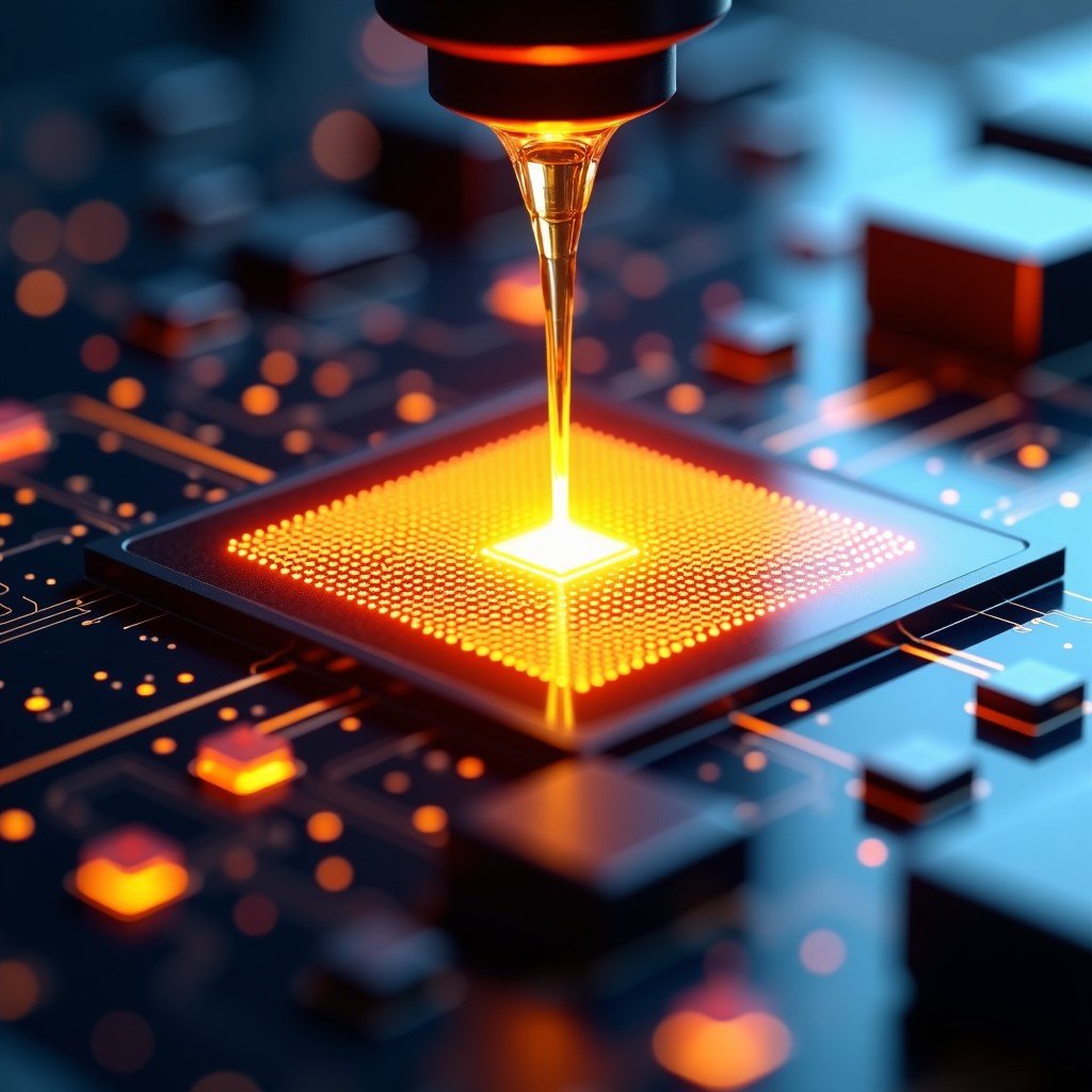 Microscopic view of advanced semiconductor circuit patterns being formed, liquid chemicals flowing over a silicon surface, futuristic and technological aesthetic, high contrast metallic colors, 4:3