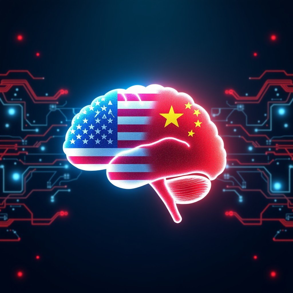 A dramatic conceptual visualization of the global AI competition between the United States and China. A glowing digital brain at the center with stylized flags of both nations integrated into a high-tech circuit background. No text. 4:3