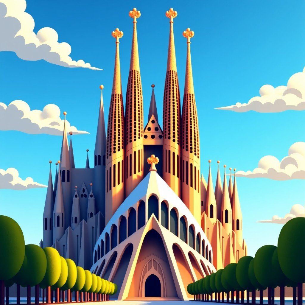 Majestic Sagrada Familia cathedral in Barcelona Spain under a clear blue sky, intricate stone carvings, towering spires, architectural masterpiece, artistic illustration style, warm sunlight, 4:3