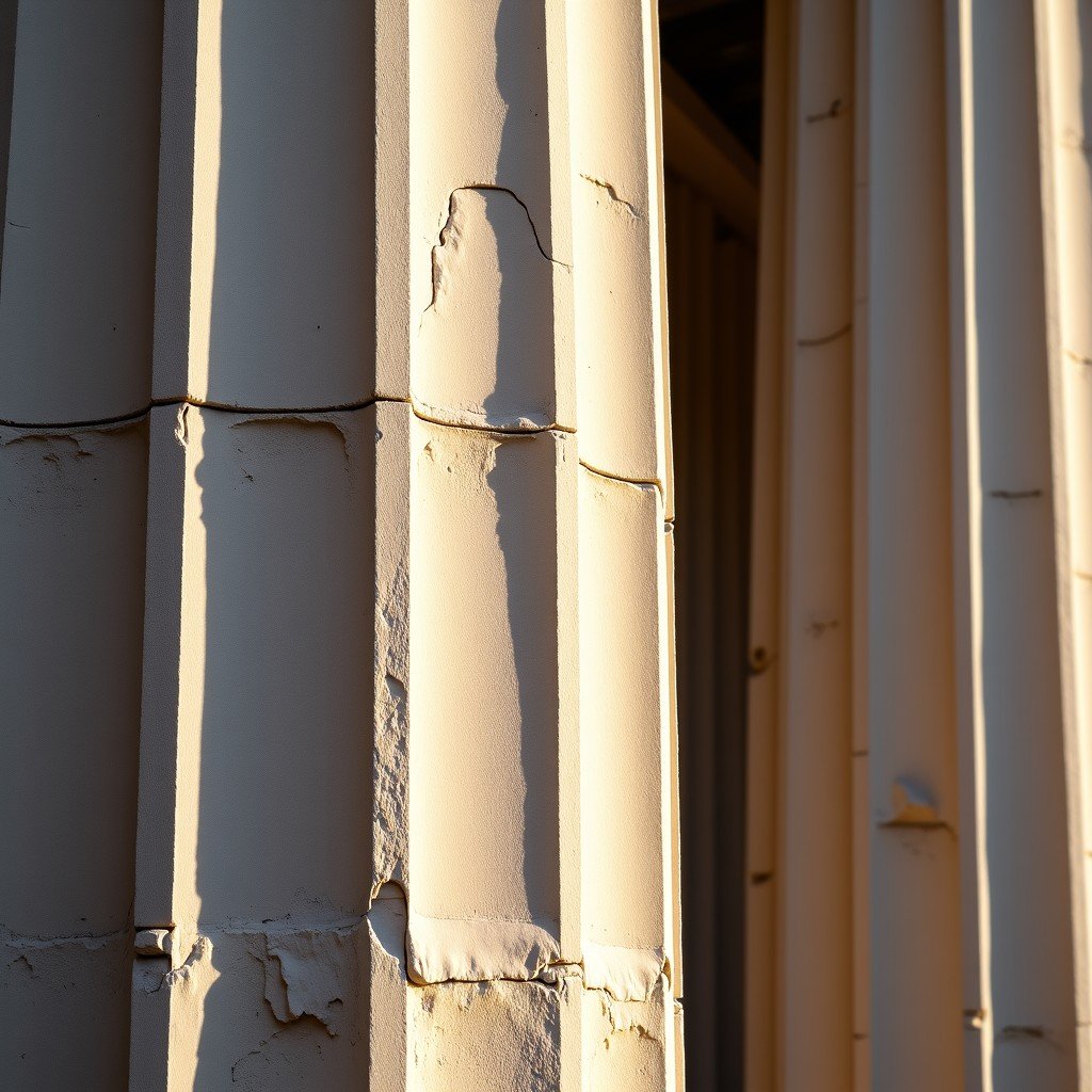 Close-up of the weathered grey limestone Doric columns of the Temple of Apollo Epicurius, intricate stone textures and cracks, warm natural sunlight casting shadows, ancient Greek archaeological site, realistic photography, 4:3