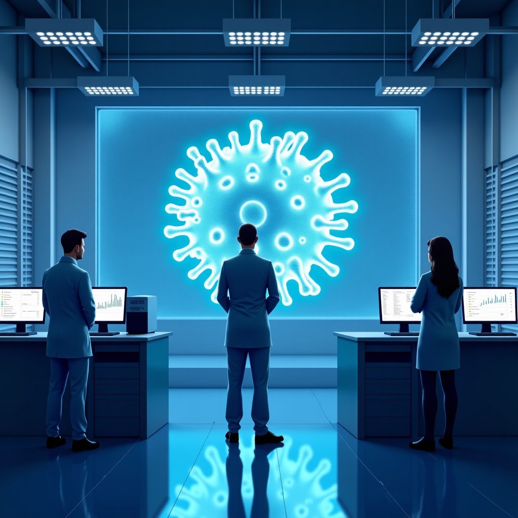 A high-tech laboratory with researchers looking at a large 3D holographic projection of a virus structure. Advanced computing screens in the background. Scientific and clean atmosphere. No text. 4:3