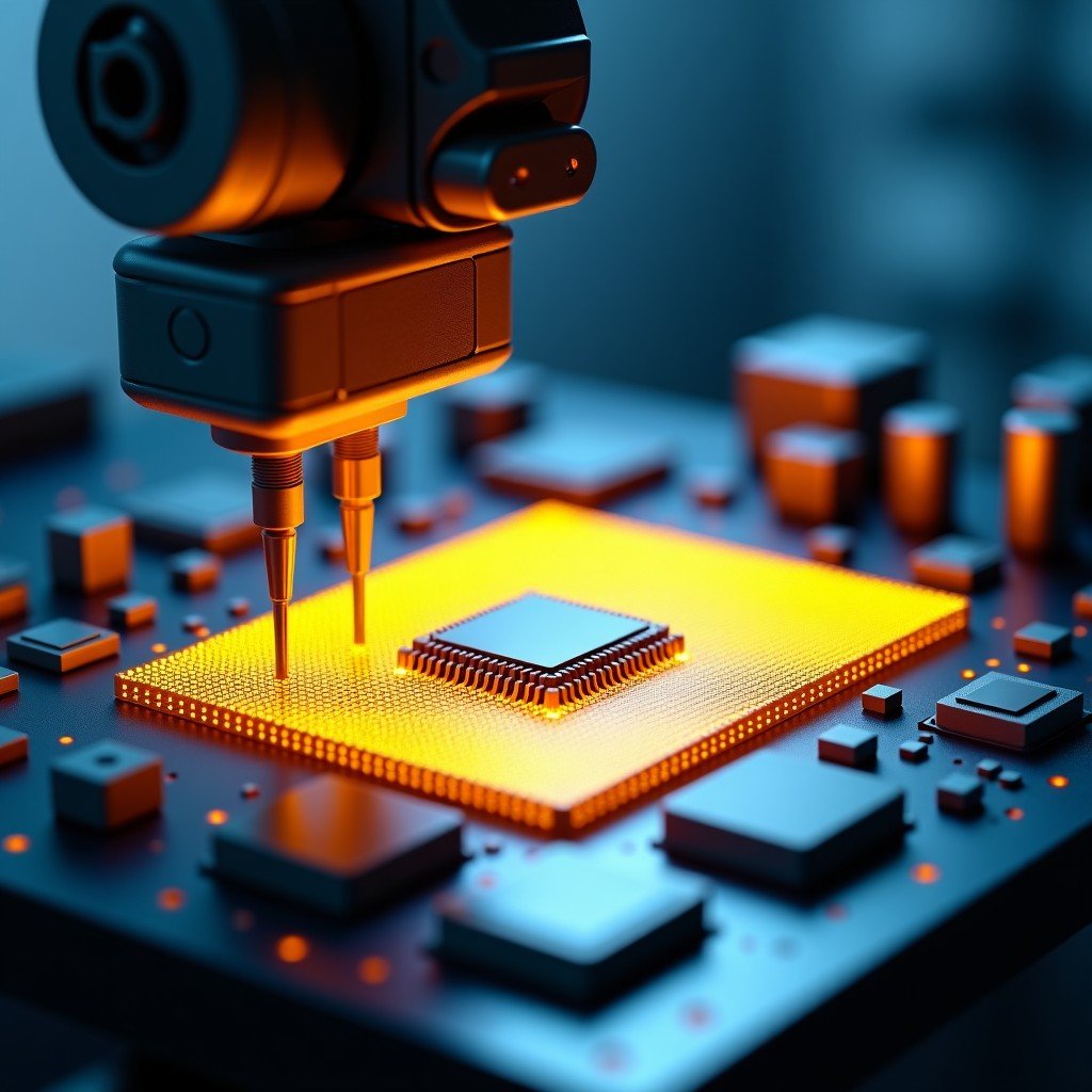 A highly detailed macro shot of a semiconductor fabrication process in a cleanroom. Golden circuits and microchips being handled by precise robotic arms. Professional laboratory lighting, tech-focused composition, 4:3
