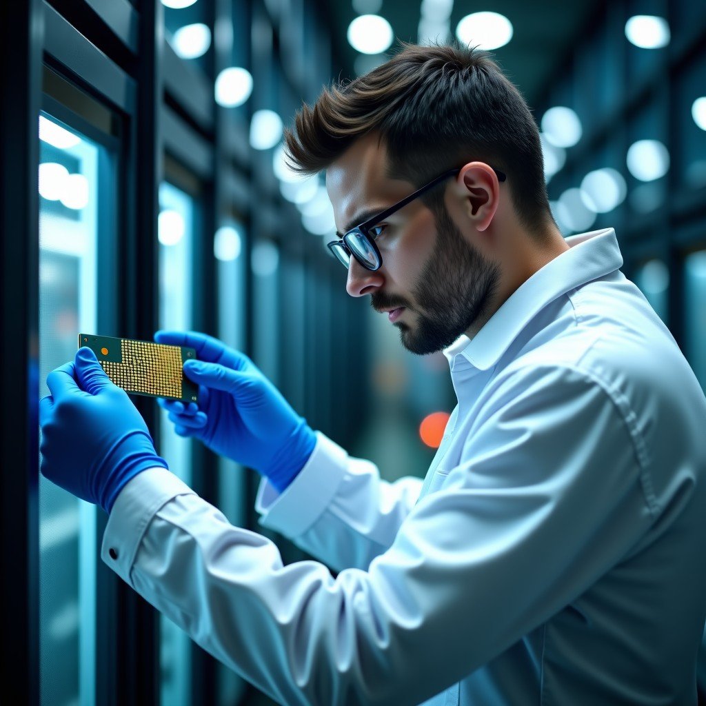 A professional semiconductor engineer in a cleanroom suit inspecting a silicon wafer, focused expression, high-tech manufacturing environment, 16:9 aspect ratio.