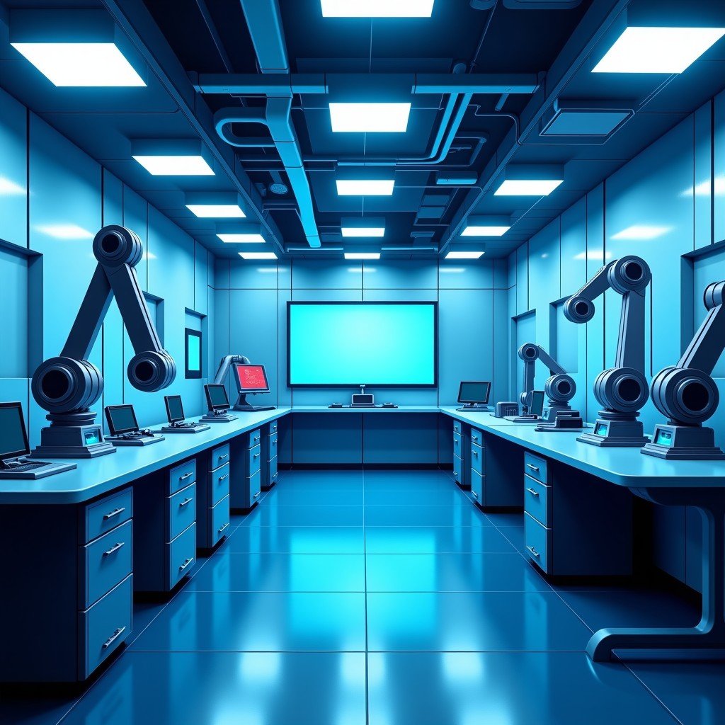 High-tech semiconductor manufacturing cleanroom with robotic arms and advanced materials, futuristic tech lab, 4:3