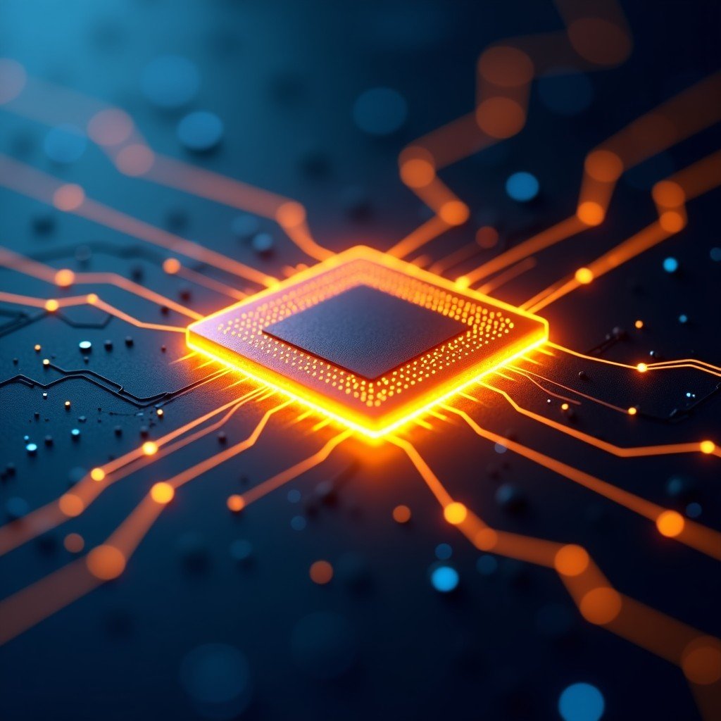 A close up of a glowing semiconductor chip with digital neural network lines spreading out from it, dark background with golden and blue light trails, high-tech conceptual art, 16:9