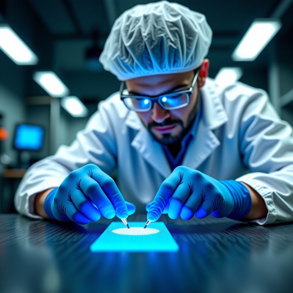 A professional engineer inspecting a high-tech semiconductor wafer in a cleanroom, wearing protective gear, macro shot, 4:3