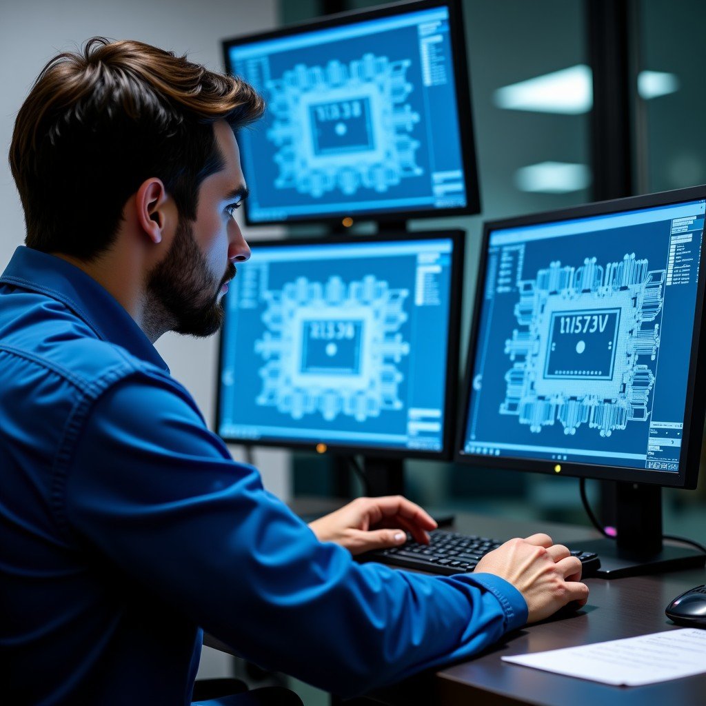 Professional engineer working on a complex semiconductor circuit design displayed on multiple high-resolution monitors, detailed electronic blueprints, focused atmosphere, 4:3