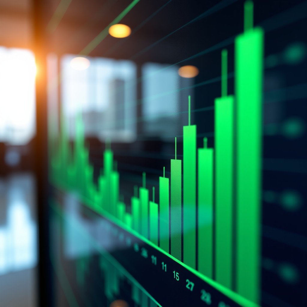 A close up of a financial trading screen showing a green upward trending candlestick chart, reflected on a glass surface, professional investment bank atmosphere, blurred office background with warm bokeh lighting, realistic and sharp focus, 4:3