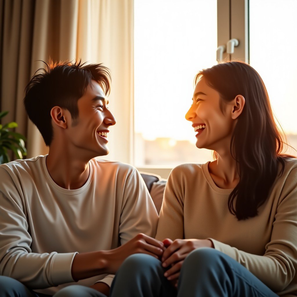 A happy Korean couple laughing and talking together in a bright modern living room, warm sunlight streaming through the window, natural and cozy atmosphere, 4:3