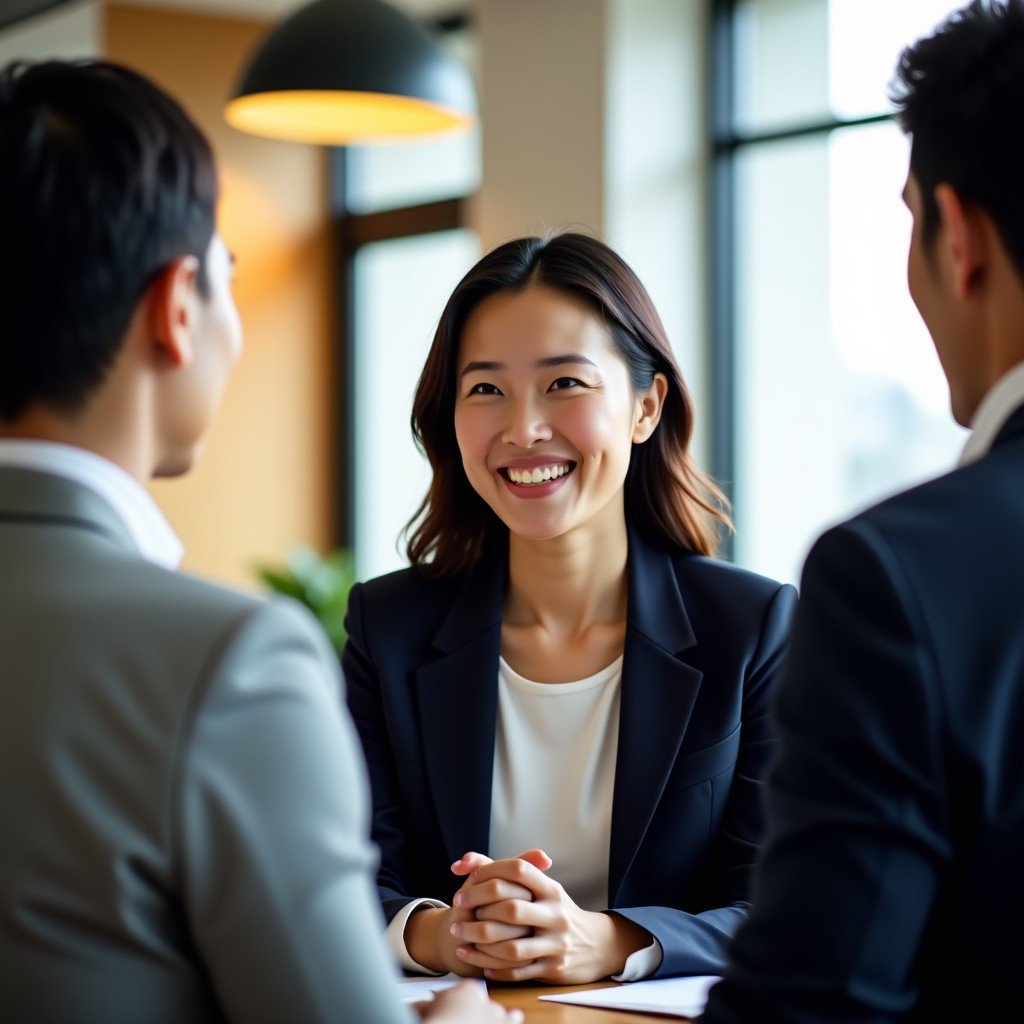 A Korean female professional smiling confidently while talking to a colleague in a modern office lounge. Warm lighting, natural setting, high contrast, 4:3