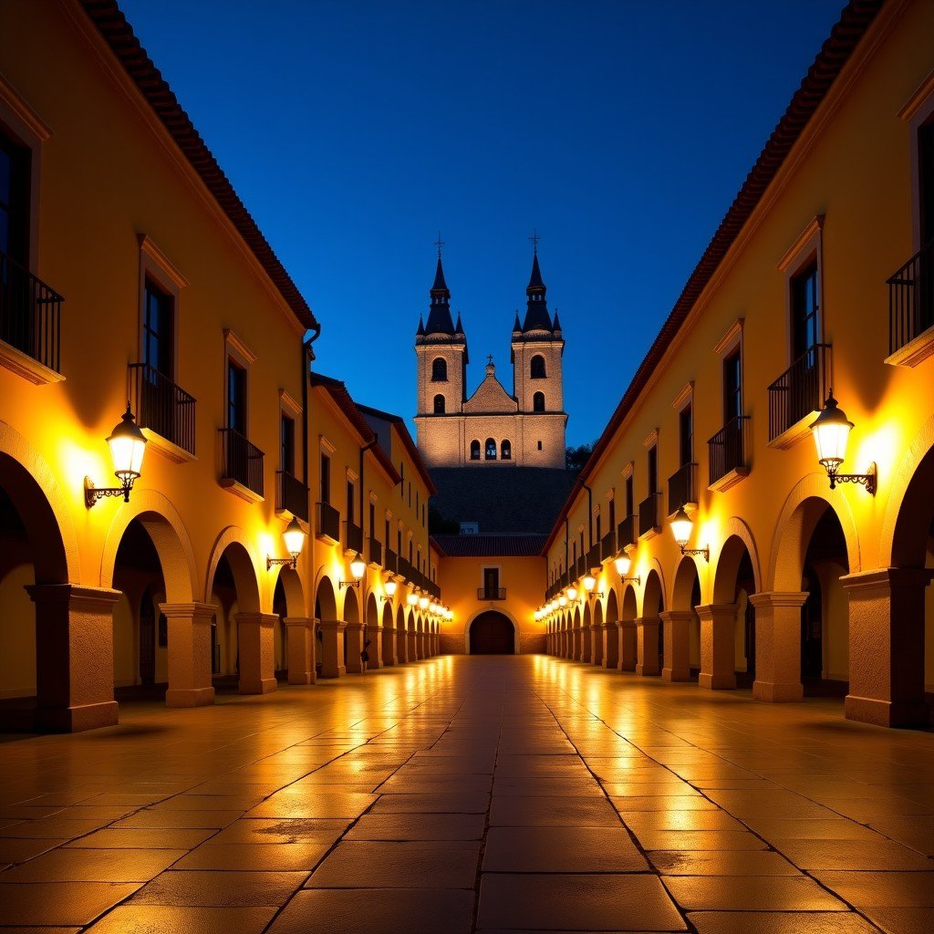 The Plaza Mayor of Cáceres at night. Warm street lights reflecting on the stone pavement, ancient archways, and the silhouette of medieval towers in the background. High contrast and atmospheric lighting. 4:3