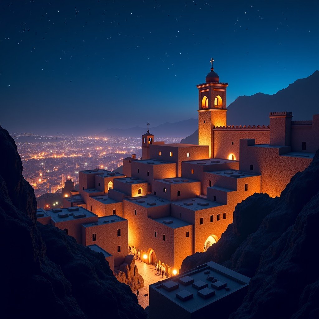 Night view of the Old City of Sana'a, warm lights glowing from the stained glass windows of tower houses, mystical atmosphere, starry sky, cinematic night photography, 4:3