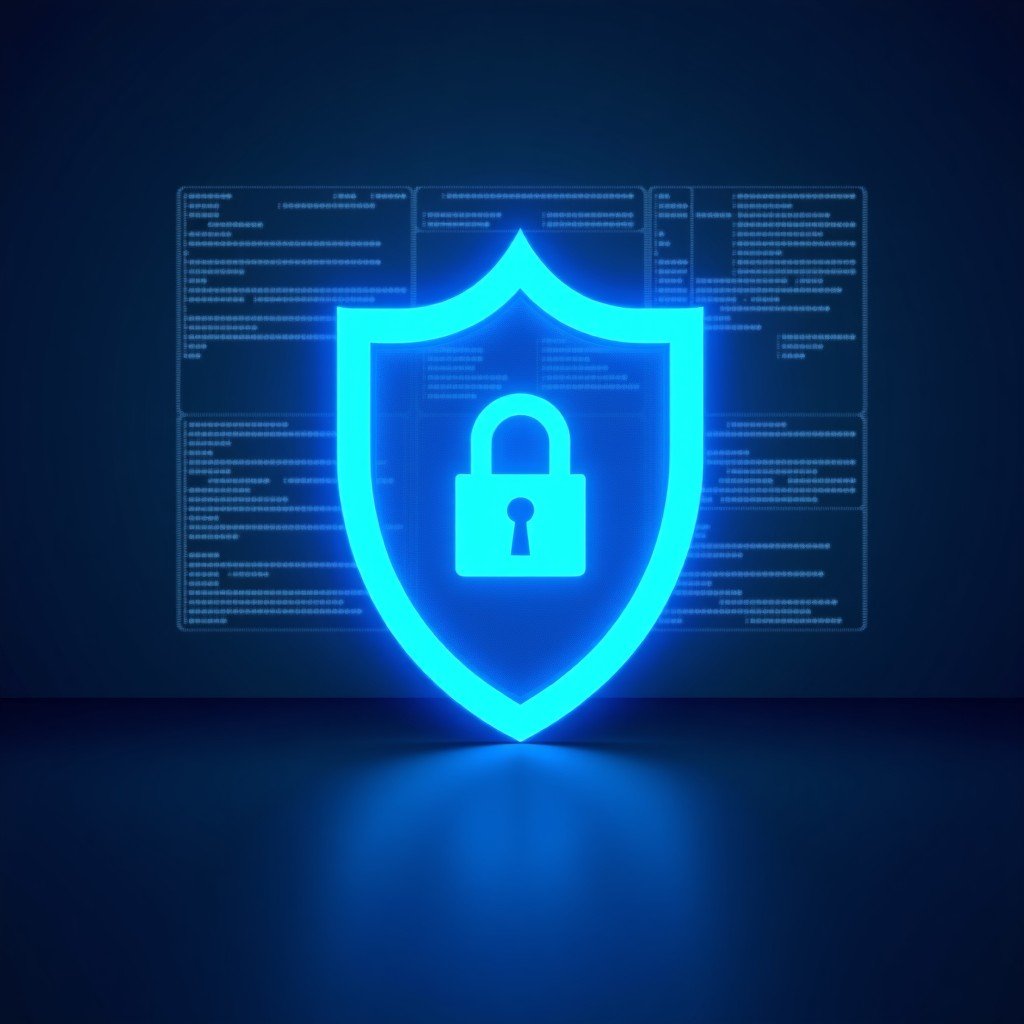 Artistic rendering of a digital meeting interface protected by a glowing blue shield and a lock, cyber security concept, textured background, high quality illustration, 4:3