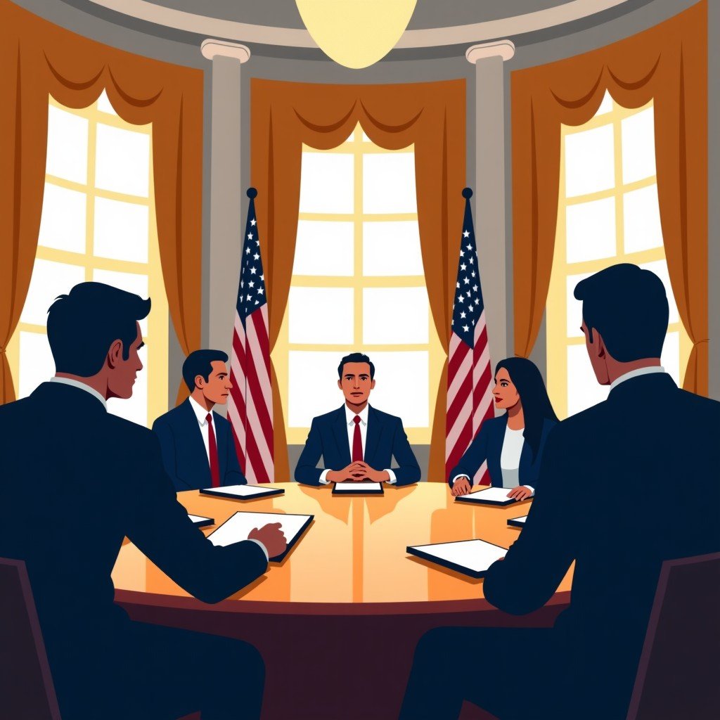 A high-stakes professional meeting at the White House with modern tech executives and government officials. The atmosphere is serious and collaborative. Modern interior with classical architectural touches. 4:3